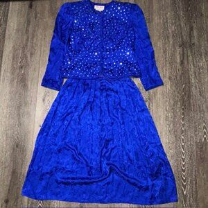 Maggie London Skirt Jacket Size 10 Bright Blue Floral Sequins Silk Two Piece